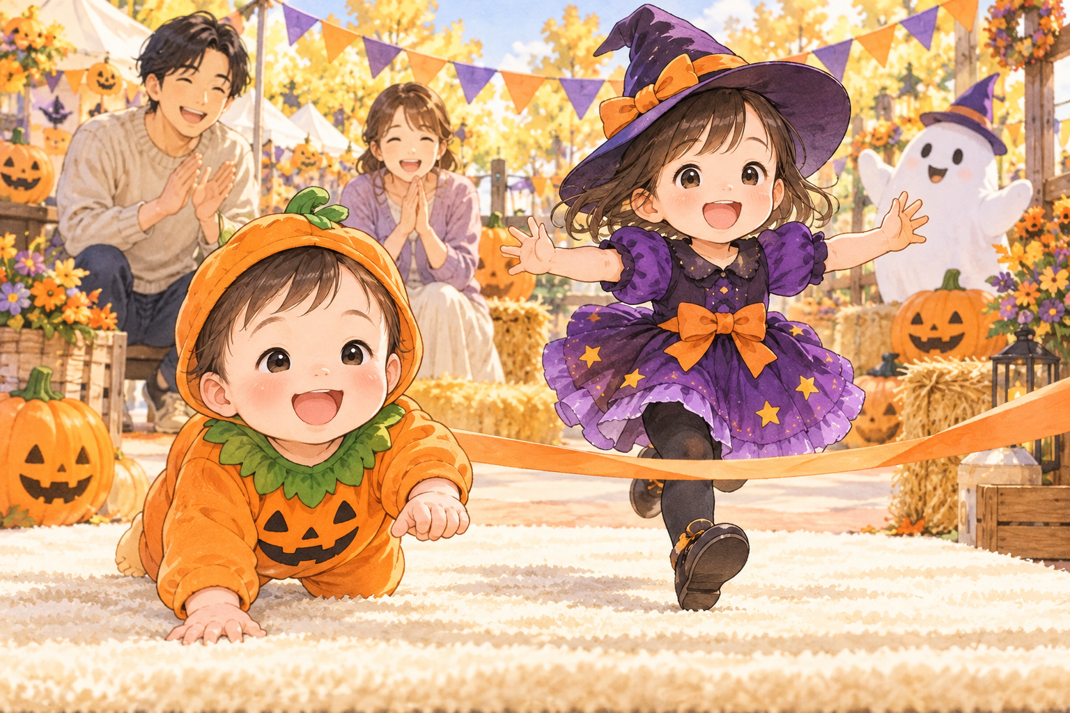カボチャ姿の赤ちゃんと魔女姿の子どもがゴールを目指すイラスト